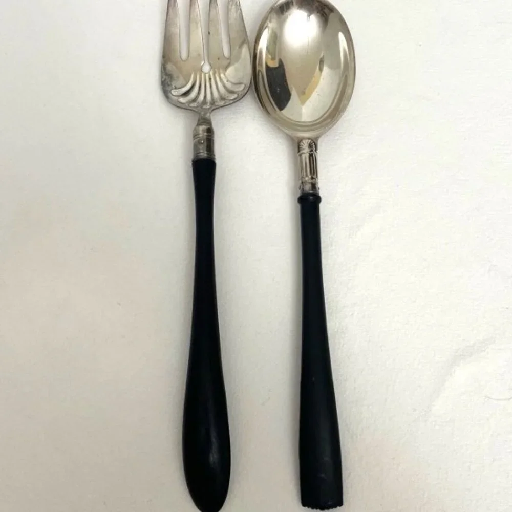 Vtg Gorham Electroplate‎ Salad Serving Spoon & Similar Style Fork Black Handle